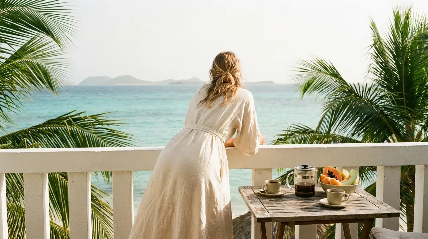 A buyer on a balcony looking out over the sea