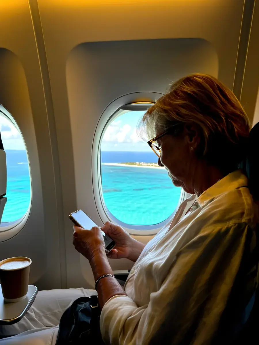 A woman in a plane window seat reading a guide on her phone, the Caribbean sea below
